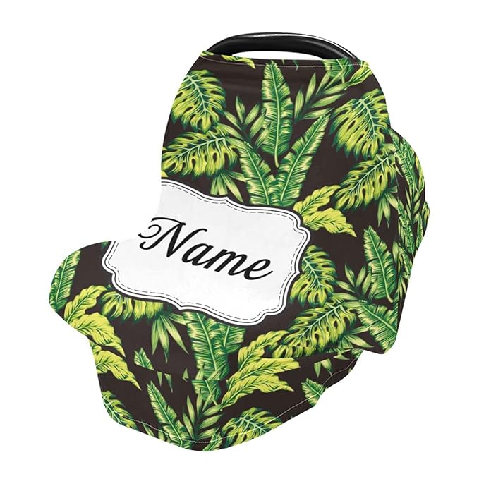 Personalized Name Car Seat Covers for Babies, Customized Infant Carseat Cover with Name, Baby Carrier Cover Car Seat Canopy, Carseat Canopies Nursing Cover for Newborn Boys Girls, Tropical Plant