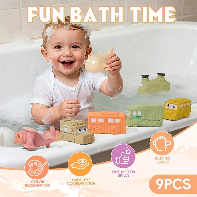 Baby Bath Toys 9 Pack Cars Floating Bath Toys Mold Free, for Infants 6-12 & Kids Ages 1-3, No Hole Bathtub Toys for Toddlers 1-3 Water Pool Toy for Baby Toddler