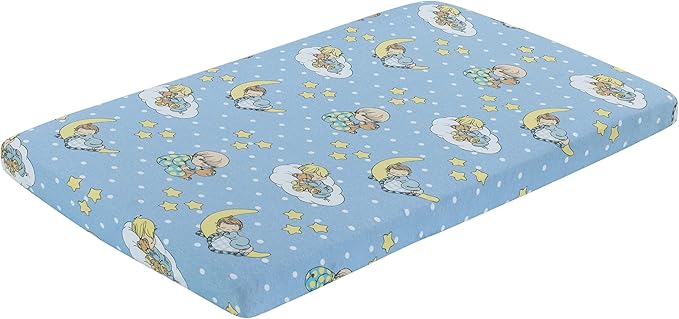 2 Pack n Play Mattress Sheets – 100% Jersey Knit Cotton Soft Portable Crib Mattress Sheet for Boys with Blue and Yellow Precious Moments Design; 2 Pk Playpen Mattress or Mini Crib Fitted Sheet Set