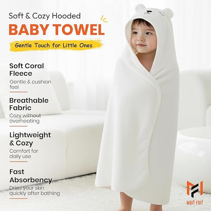Pack of 2 Hooded Baby Towels for Newborn- 31.5" x 31.5" Coral Fleece Fabric, Absorbent and Washable for Infants and Toddlers - Toallas para Bebe - (Elephant & Bear Style)