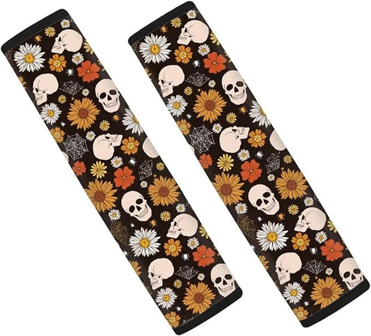 FOR U DESIGNS Car Seat Belt Cover Pad for Adults Kids Seatbelt Cover Soft Comfortable 2 Pcs Auto Seat Belt Cushion Skull & Floral Print SUV Seat Strap Cover