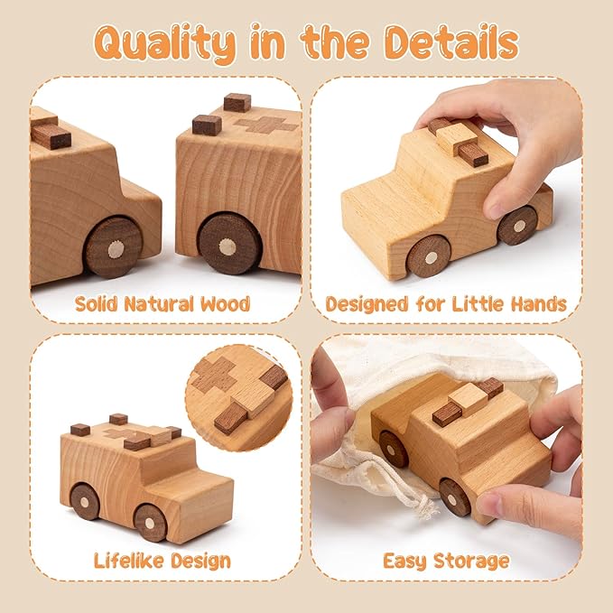 Wooden Toy Cars for 3 Year Old Boys & Girls - Construction Vehicles Set Push Toys for Toddlers, Wood Montessori Car with Rolling Wheels, Natural Wood Toys (Ambulance & Police Car)