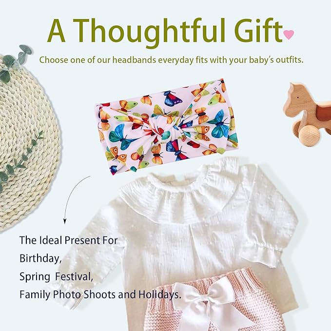 LemonSpce Handmade Baby Head wrap with Bows Stretchy Soft Infant Comfortable Baby Bow for Newborn girls and boys,Toddler-Trendy Designs,Butterfly Printed Hair Accessories