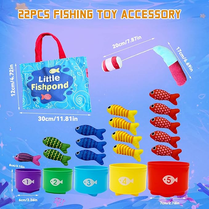 Montessori Toys for 1 Year Old, 22PCS Cloth Fishing Game with Stacking Cups Sensory Baby Toys 6-12 Months,Toddler Education Learning Toys for 1 2 Year Old Boy Girl Gifts (Fish)
