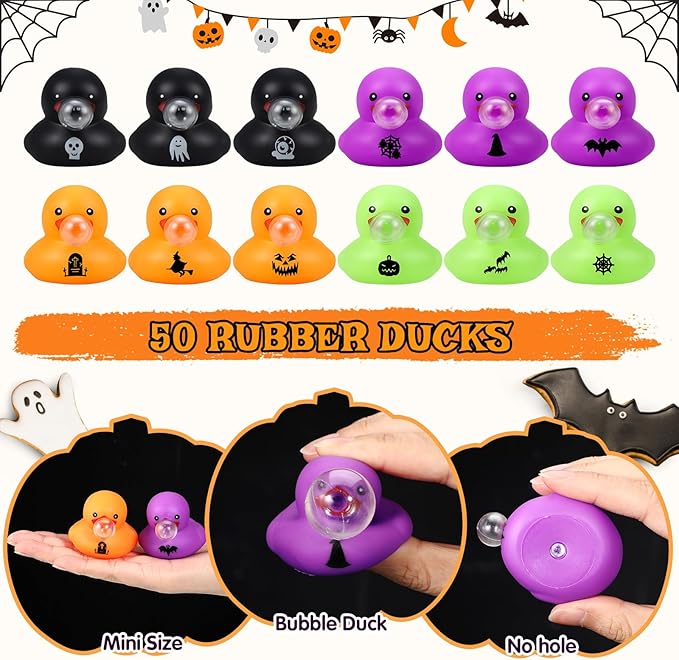 Junkin 50 Pcs Halloween Rubber Ducks Bulk Mini Rubber Ducks Small Duck in Bulk Gift for Halloweens Party Favors Toys (Blow Bubbles Duck)