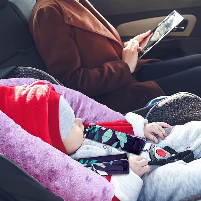 Baby Car Seat Head Support for Girls, Infant Carseat Insert Super Soft Fleece Newborn Headrest Seatbelt Covers for Car Seat, Stroller, Bouncer, Purple Flower