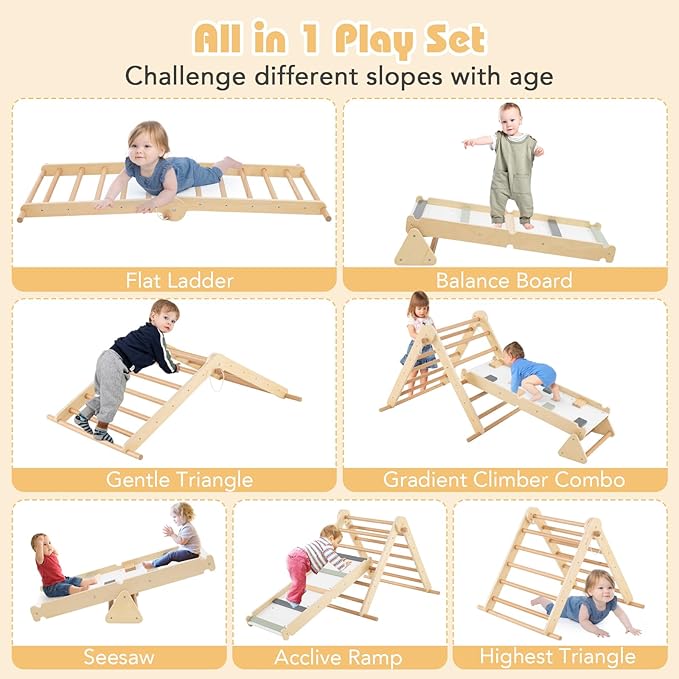 Olakids Pikler Triangle Set 7 in 1 Climbing Toys for Toddlers Foldable Baby Wood Montessori Jungle Gym with Angle Adjustable Ladder Seesaw Ramp Indoor Playground (Wood)