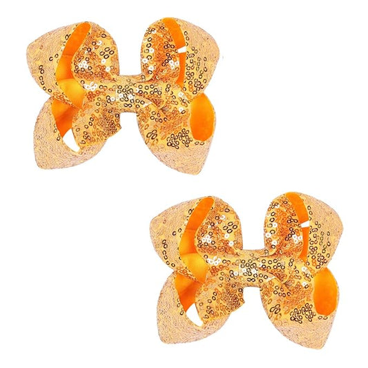 6 Inch Yellow Sparkly Glitter Sequin Hair Bows for Girls Toddlers Kids Children Teenage (2PCS)