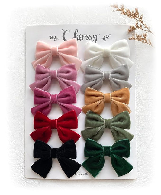 Cherssy Velvet Hair Bow Clips for Little Girls, 10pcs Boutique Fully Lined Hair Barrettes Accessories for Baby Infants Toddlers School Girls