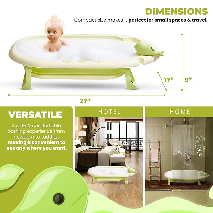 Collapsible Baby Bathtub with Thermometer - Infant Bathtub with Drainage Hole - Baby Bathtub Newborn to Toddler 0-36 Months - Portable - Green