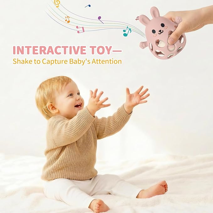 Orzbow Bunny Teether for Baby, Easter Teether with 2 in 1 Rattle & Teething, Easy Grasp Teething Mittens for Babies 3-12 Months, Food Grade Silicone, Newborn Infant Easter Basket Stuffers Gifts, Pink