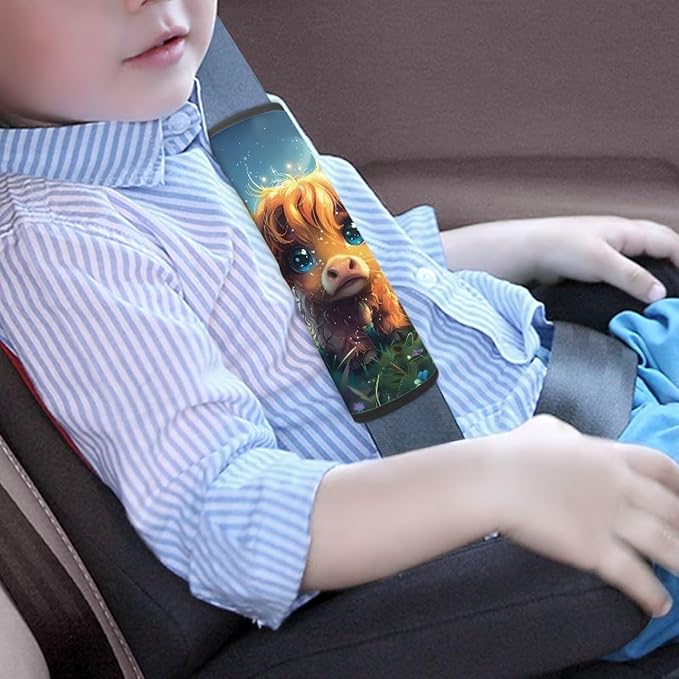 Biyejit Cute Highland Cow Car Seat Straps Shoulder Pad for Kids, Seat Belt Pad, Children Seatbelt Padding, Soft Comfort Seat Belt Cushion, Car Accessories for Boys Girls 2 Pack