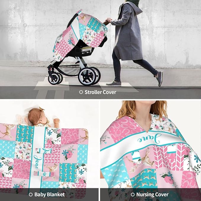 Personalized Baby Car Seat Canopy for Girls, Custom Name, Floral Horse Pink, Water Resistant, Universal Fit, Polyester, Car Seat Cover