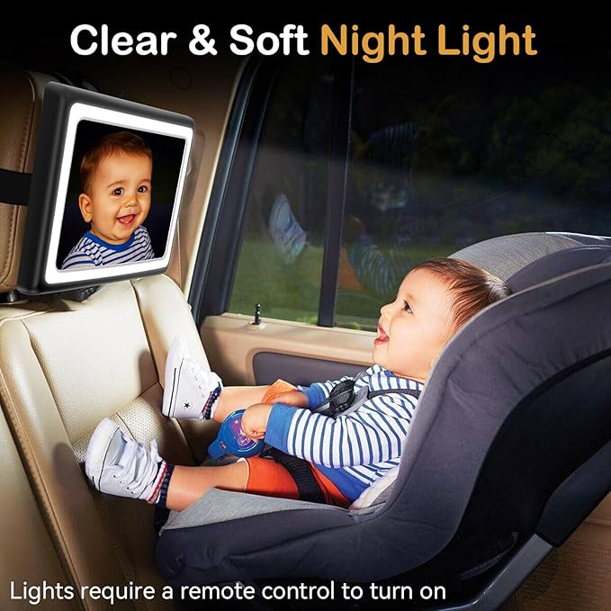 Baby Car Mirror with Light - Remote Control, 360° Adjustable, Shatter Resistant Car Seat Mirror - Clear Night Vision, Easy Installation for Rear Facing Infants (2 Pack)