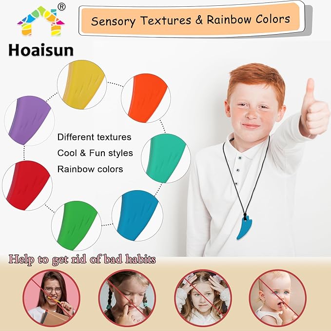 Chewing Necklace for Kids Sensory 7 Pack, Chewy Necklace Sensory Toys for Kids with Autism, ADHD, SPD, Silicone Oral Chew Toys for Adults Used for Reliving Anxiety and Stress