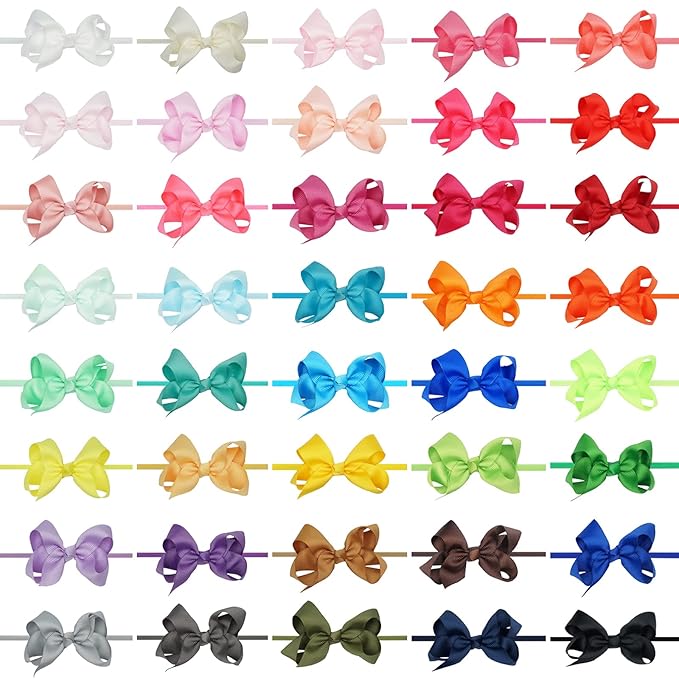 CÉLLOT 40 Colors Baby Bow Headbands 3" Hair Bows Super Soft Nylon Headbands for Baby Girls Infants preemie and Newborn Kids Hair Accessories