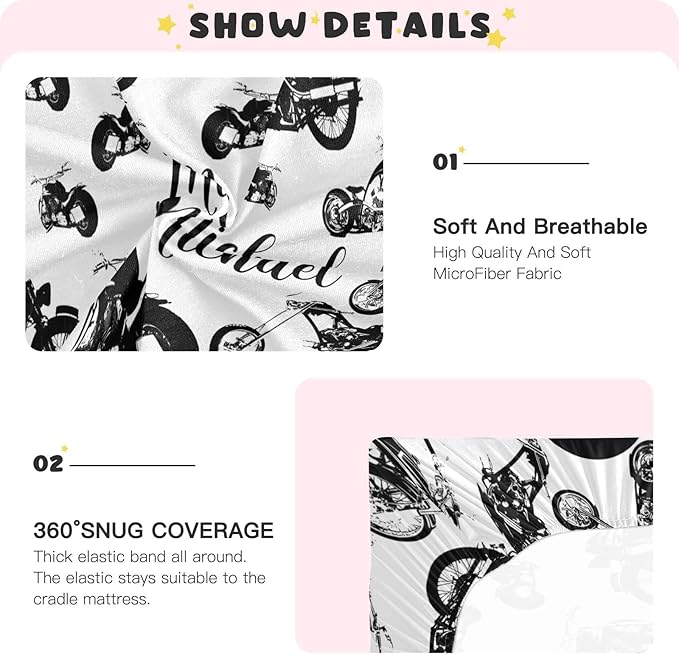 Personalized Pack and Play Sheets with Name, Custom Name Baby Mini Crib Sheets for Baby Boys, Name Pack n Play, Fitted Sheet with Name, Soft and Breathable Material (Motorcycle)