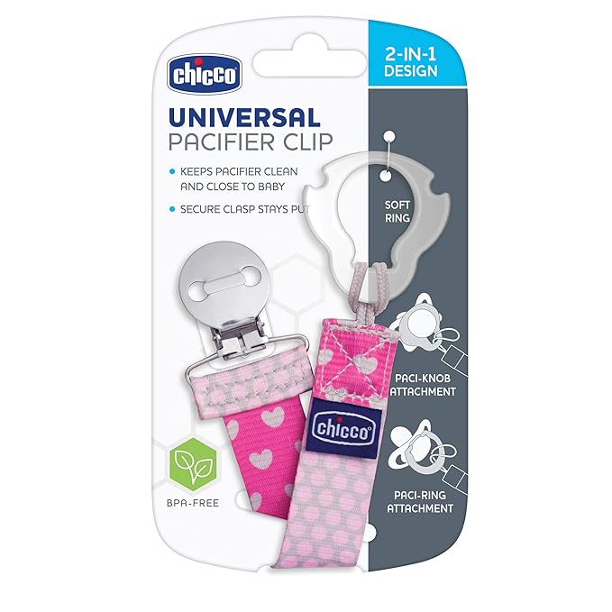 Chicco Two-in-One Pacifier Clip with Loop & Ring Attachment, Loop for Teethers and Small Toys, Ring Included for Knob-Style Pacifiers, Secure Clasp is Gentle on Clothing, One-Piece Design, Pink