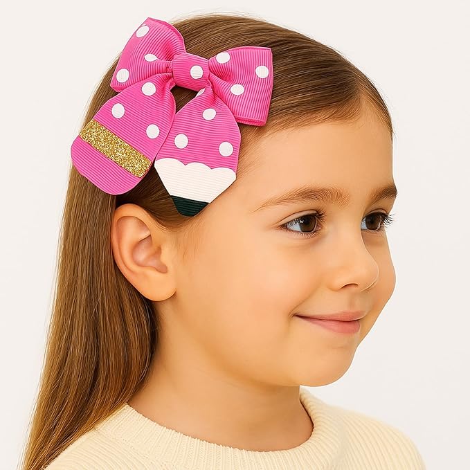 YKW Pink Polka Dot Pencil Hair Bow Clip for Girls - Cute School Themed Grosgrain Ribbon Accessory with Secure Metal Fastener - First Day Teacher Gift - 3.9 Inch