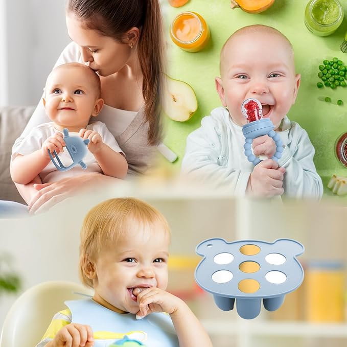 6-in-1 Baby Fruit Feeder Pacifier & Baby Food Feeder Set – Silicone Breastmilk Popsicle Mold with Freezer Tray, Teething Relief Toy, BPA Free Infant Feeder, 3 Sizes (S/M/L) Sacs (Sky Blue)