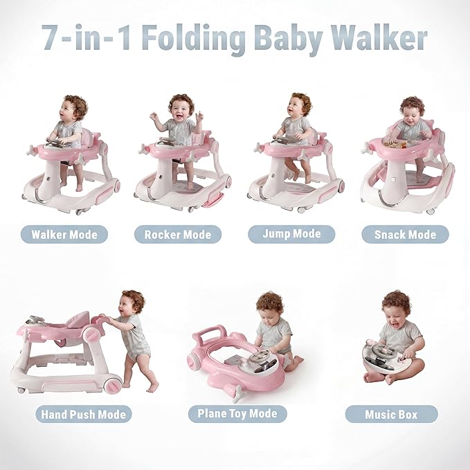 7 in 1 Foldable Baby Walker, Infant Activity Walker w/Adjustable Height, Detachable Play Tray with Music & Light, Baby Push Walker with Wheels for Boys Girls 7-18 Months, Speed Control, Pink