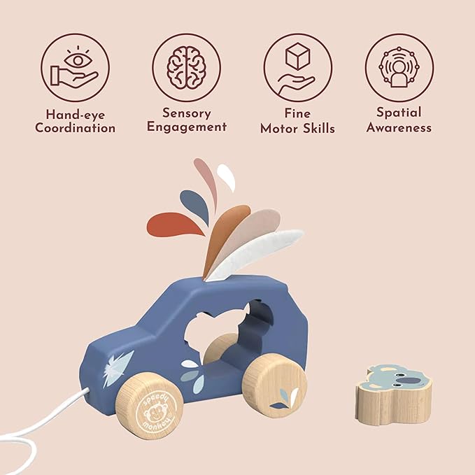 Speedy Monkey Wooden Pull‑Along Car for Toddlers 12m+ | Multicolor Rolling Pull Toy for Kids, Boys & Girls | Baby Toy Early Learning Activity Play – Enhances Balance, Gross Motor Skills & Coordination