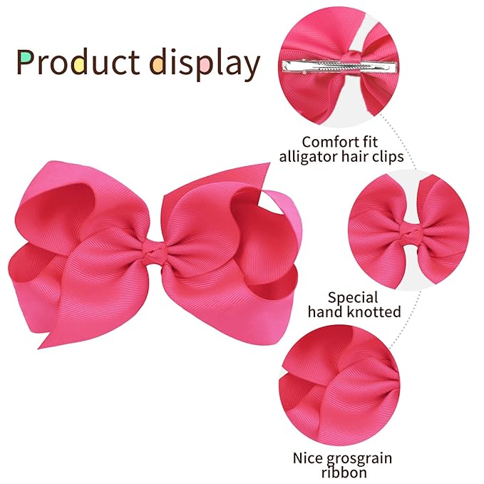 Oaoleer 8PCS Hair Bows for Girls Hot Pink Grosgrain Ribbon Boutique Bow Alligator Clips Hair Accessories for Toddlers Little Girls Kids (8inch, 6inch, 4.5inch, 3inch in Pair)