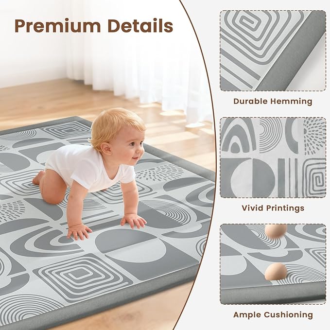50"×50" Baby Play Mat for Floor & Playpen, 1.2" Thick High-Density Foam Nursery Mat for Tummy Time, Soft Plush Carpet with Non-Slip Bottom for Infant Toddler Baby Crawling & Playing (Grey)