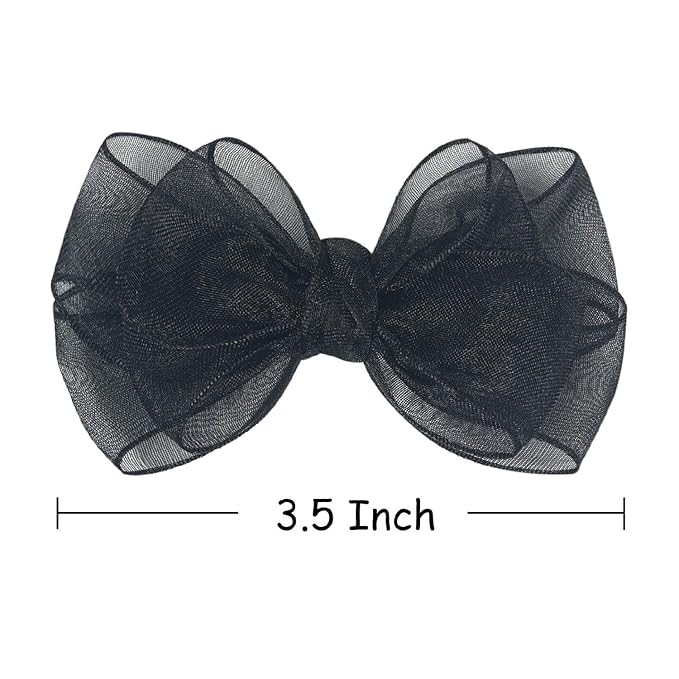 3.5-Inch Organza Hair Bows for Girls - Elegant Sheer Ribbon Alligator Clips for Toddlers, Kids, and Teens - Pack of 2, Black