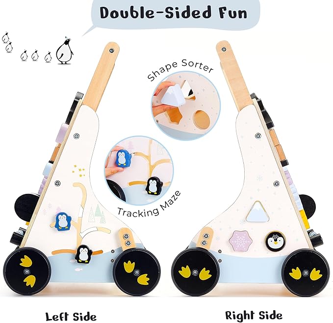 PairPear Wooden Baby Walker, 9 in 1 Montessori Push Walker Baby Push Toys with Activity Center for Boys Girls Learning to Walk, Sit-to-Stand, for 1 Year Old and Up