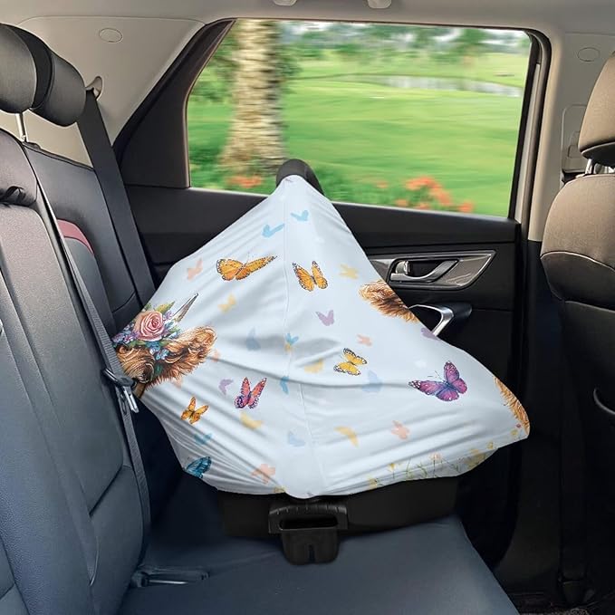 Wanyint Highland Cow Butterfly Blue Infant Car Seat Cover, Baby Carseat Scarf Stretchy Nursing Scarf Car Seat Canopy Breathable Nursing Cover for Boys Girls