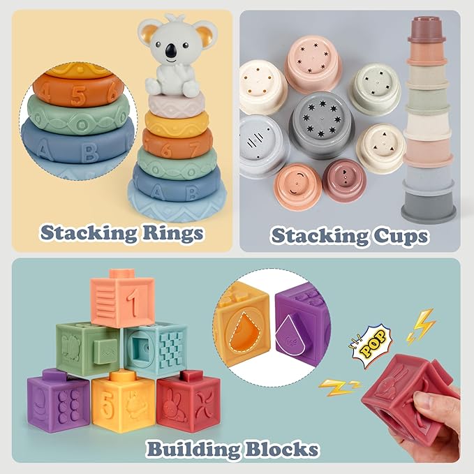 Montessori Baby Toys for Infants 6-18 Months, Shape Sorter for Toddler 6–12 Months, Sorting Stacking Toy for Fine Motor Skills, Sensory Learning Set with Stacking Rings for Babies Birthday Gift（Blue）