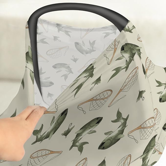 Gone Fishing Baby Car Seat Covers Vintage Bass Fishes Net Lake Stretchy 5-in-1 Cover Adjustable Infant Carseat Canopy Cover Fishing Lovers Gift Nursery Breathable Nursing Cover-Up
