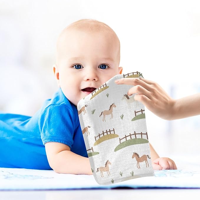 vvfelixl Cute Horses Fences Baby Burp Cloths Baby Muslin Washcloths for Boys Girls Cotton Babys Face Towel for Newborn Infants Soft and Absorbent 11.8 X 11.8 in, 5 Pack