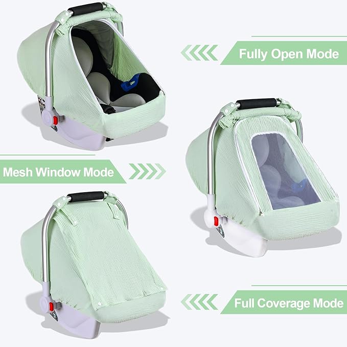 Baby Car Seat Cover for Boys Girls, Muslin Car Seat Cover for Babies with Breathable Mesh Peep Window, Lightweight Kick-Proof Infant Car Seat Canopy, Outdoor Windproof Stroller Cover (Pea Green)