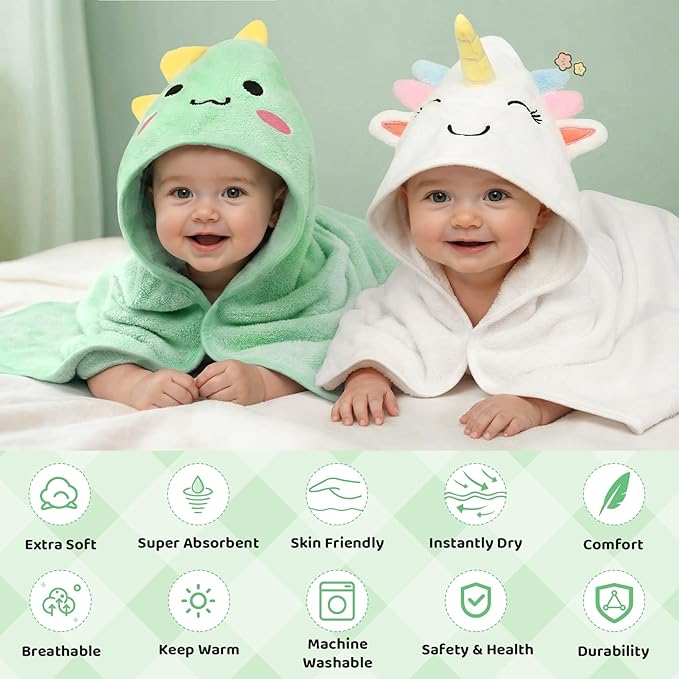 CandyHome 9 PCS Baby Bath Towels for Infants Toddlers, 3 PCS Animal Hooded Baby Towels & 6 PCS Washcloths Set, Ultra Absorbent Soft Cute Newborn Bath Essentials Gifts for Boys & Girls
