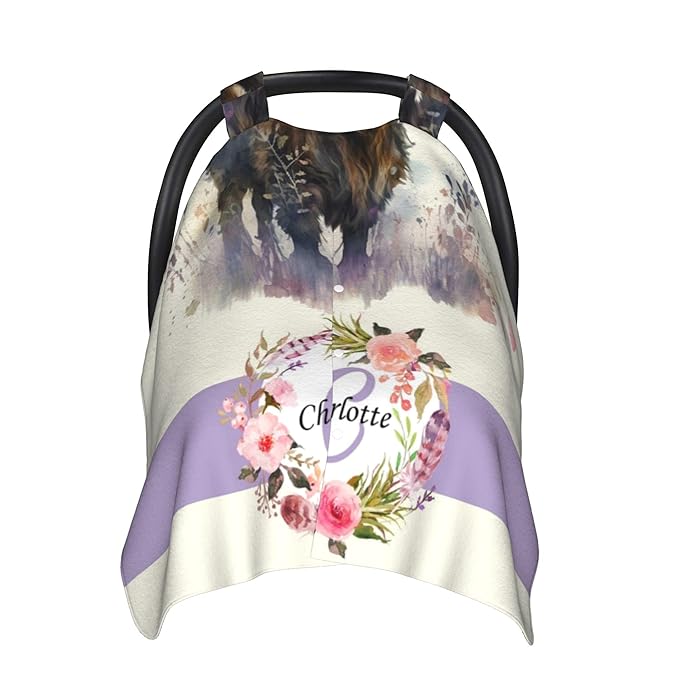 Personalized Winter Carseat Cover for Baby Custom Name Car Seat Canopy for Newborn Baby Boys Girls 2 in 1 Mom Nursing Breastfeeding Covers Highland Cow Minky Baby Carrier Stroller Covers
