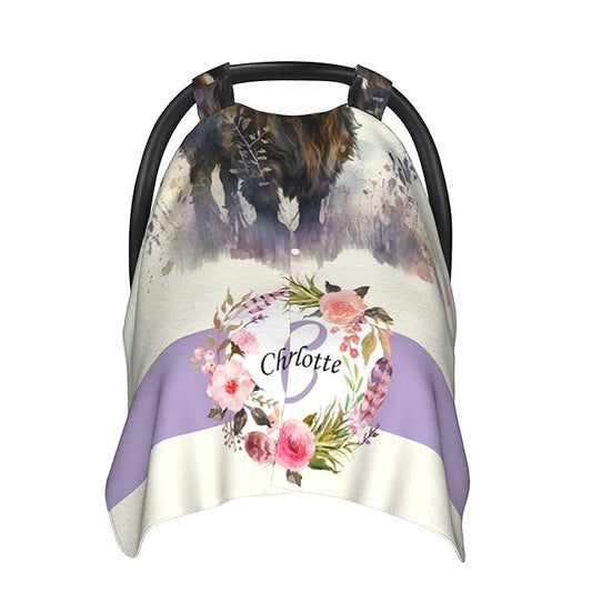 Personalized Winter Carseat Cover for Baby Custom Name Car Seat Canopy for Newborn Baby Boys Girls 2 in 1 Mom Nursing Breastfeeding Covers Highland Cow Minky Baby Carrier Stroller Covers
