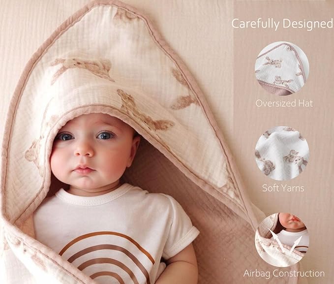 Little Jump Muslin Hooded Baby Bath Towels - 2 Pack 100% Cotton Towel for Babies, Infants, Toddlers - 32x32Inch - Highly Absorbent and Newborn Essential (Bunny)
