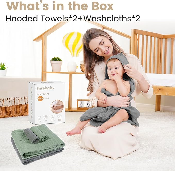 Hooded Baby Towels for Newborn, 2 Pack 36x36Inch Muslin Cotton Baby Bath Towel and 2 Pack 12x12Inch Washcloth Set with Hood for Babies, Toddler and Kids, Essentials Must Haves (Coffee and Car)