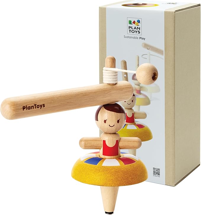 PlanToys® Wooden Ballet Spinning Top | Montessori Inspired Pull String Toy for Cause & Effect, Coordination & Motion Control | Eco Friendly Spinning Toy for Fine Motor Skills & Creative Play
