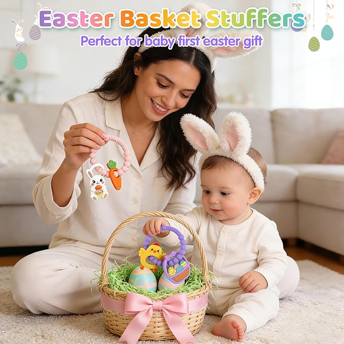 2 PCS Easter Baby Teething Ring Toys, Silicone Carrot Bunny Egg Teether for Newborns Infants Toddlers, Baby Easter Basket Stuffers Baby's First Gifts Girl Boy Sensory Chew Bracelet