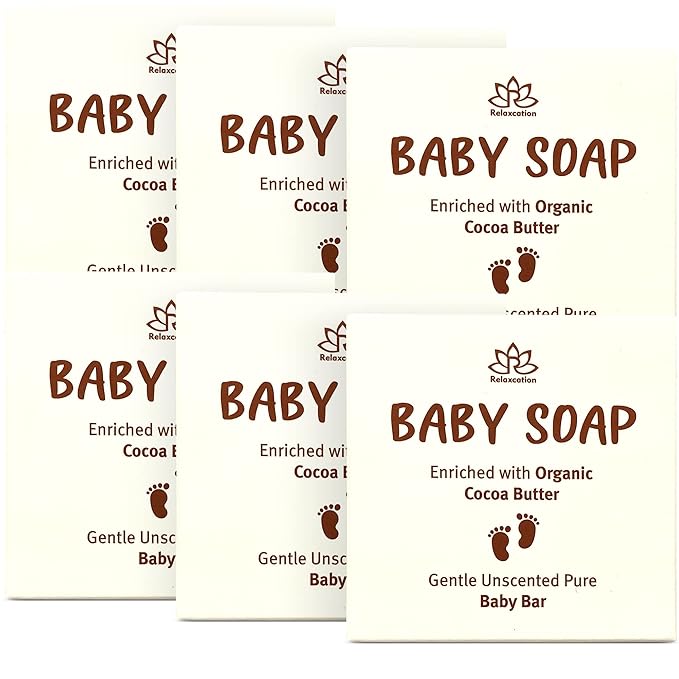 Relaxcation Organic Unscented Baby Soap Bar - 4 SIMPLE INGREDIENTS: ORGANIC Coconut, Olive Oil, Castor Oil and Moisturizing Cocoa Butter - Cold Process Handmade in USA (6 pack)