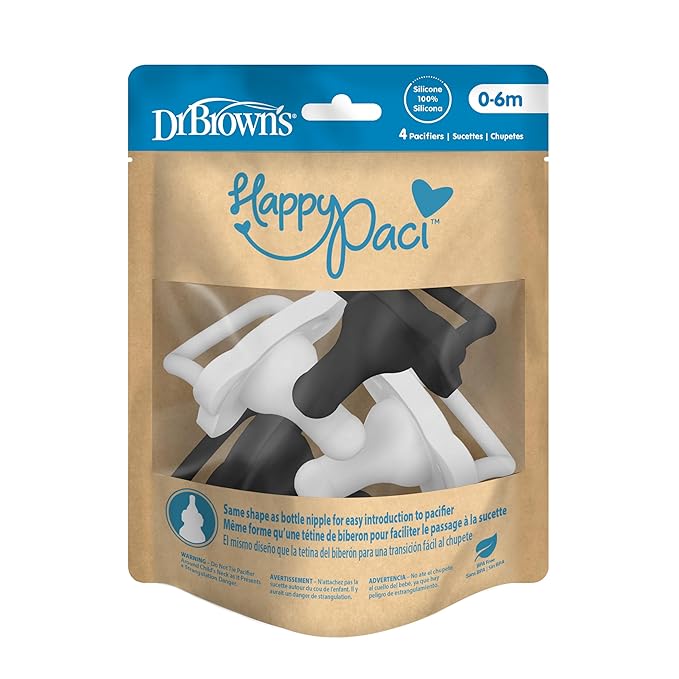 Dr. Brown's HappyPaci 100% Silicone Baby Pacifier, Contoured One-Piece Design, Gray, Black, White, 0-6m, BPA-Free, 8-Pack