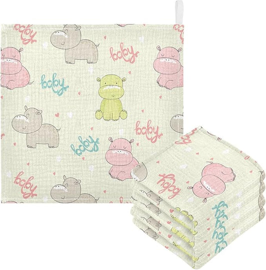 vvfelixl Cotton Cute Hippo Baby Muslin Washcloths Soft Face Towel for Newborns, 11.8 X 11.8 Inch, 5 Pack Beige