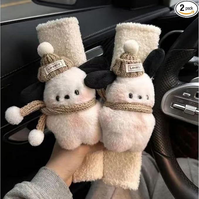 2 PCS Seat Belt Cover Pad, Cute Kawaii Animal Dog Seatbelt Covers for Kids and Adults, Winter Plush Fluffy Soft Seat Belt Cover, Cartoon Seatbelt Cushion,Car Seat Strap Pads (G-Dog(Khaki))