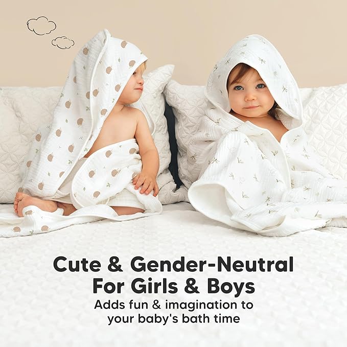 KeaBabies Muslin Baby Bath Towels with Hood for Girls, Boys -Large Organic Cotton Hooded Baby Towels for Newborns,Toddlers,Infant,Kids,Soft Absorbent Newborn Bath Essentials Gift Set(Meadow, Regular)