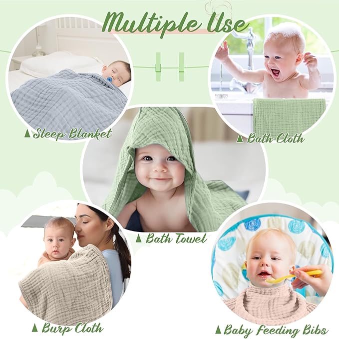 VitalCozy 8 Pcs Baby Muslin Hooded Bath Towels and Washcloths, Muslin Hooded Baby Towels Absorbent Blankets for Gift Newborn Infant Shower (Cream Color)
