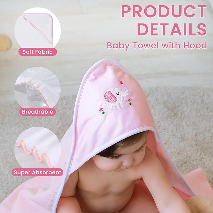 Softan Baby Hooded Towels and Washcloths Set 6 Pack, 28x28 Ultra Soft & Absorbent Baby Bath Towels for Newborn Infant Toddler, Unisex Boys Girls (Pink Elephant)