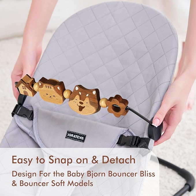 iGRATENS Three-Dimensional Baby Bjorn Bouncer Toy Bar, Toy for Baby Bouncer Soft & Bliss, Easy to Attach and Remove, 360°Rotating Natural Wooden Toys, Double-Sided Raised Design, Cat & Dog